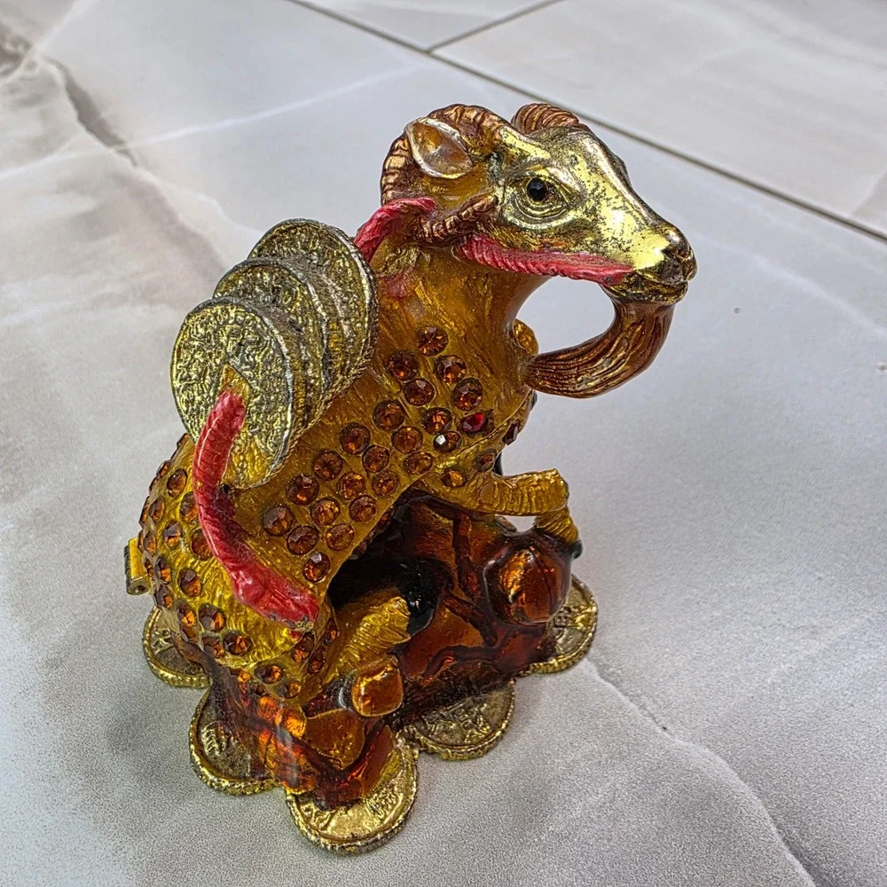 Chinese‎ Zodiac Ram Goat Trinket Box Enamel Crystal Prosperity Figurine 3.25